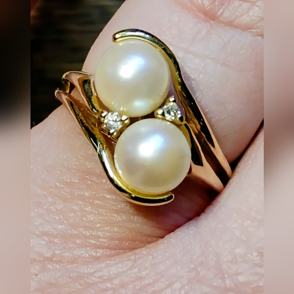 💍Y2K Pearl & Diamond 14K Gold "Toi-et-moi" (You & Me♥️) Bypass Ring 6.25 - Picture 2 of 6